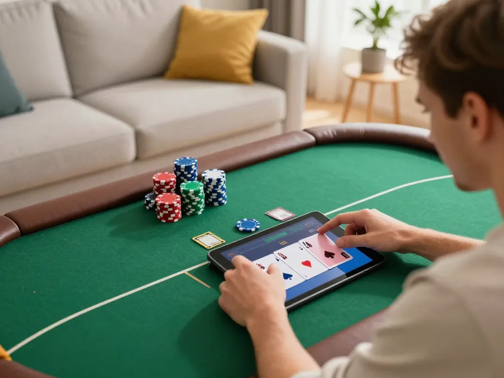 Player enjoying a thrilling poker game on 99win app at home, expressing excitement over strategic gameplay.
