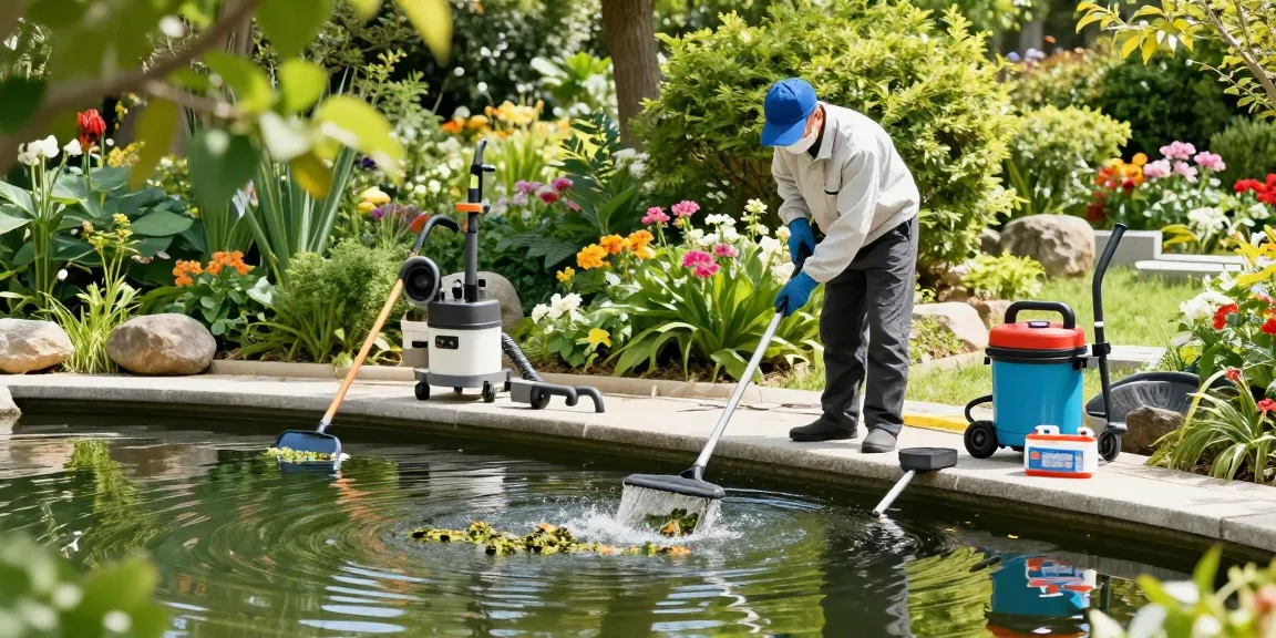 Professional Pond Cleaning Sussex in action, cleaner removing debris from a serene garden pond, showcasing essential tools.