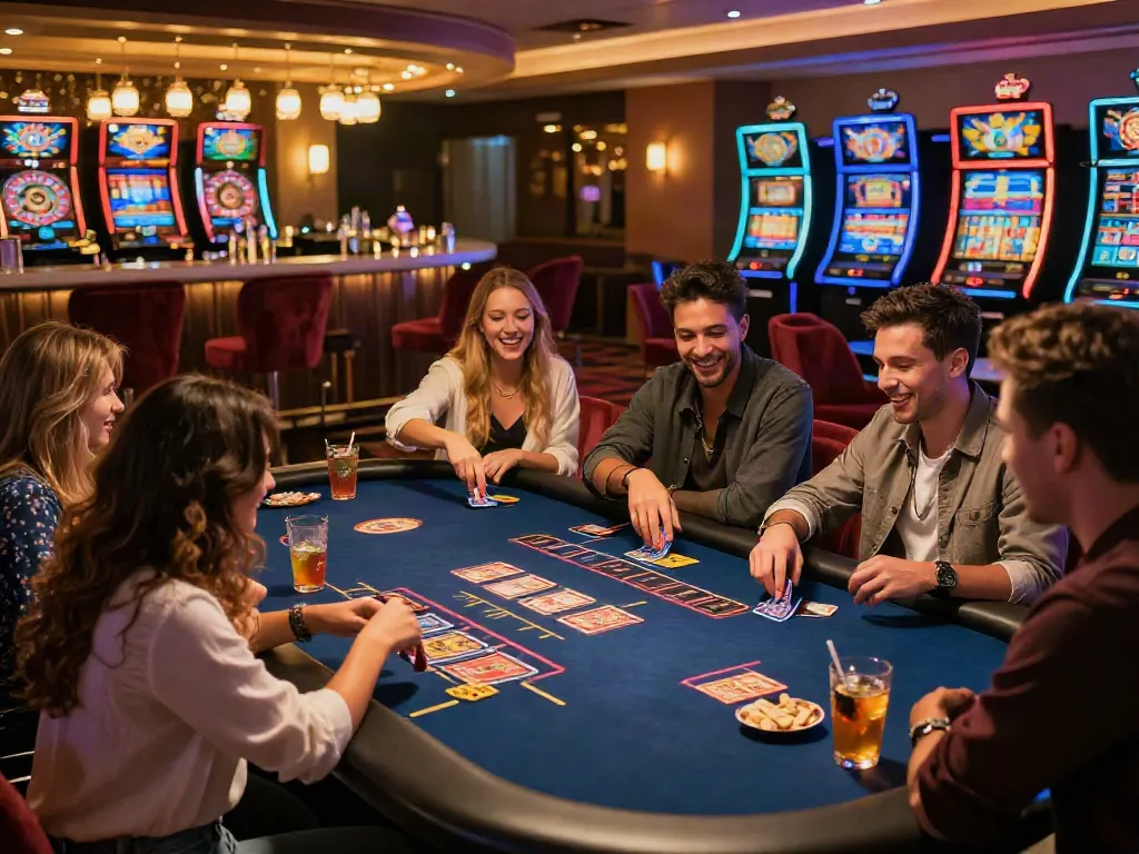 Friends enjoying card games in vibrant online casinos that accept credit card, illuminated by colorful lights.