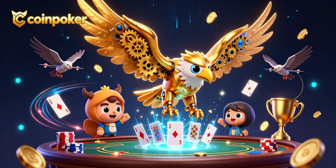 CoinPoker présente un aigle cybernétique sur fond de cartes de poker et de trophées brillants.