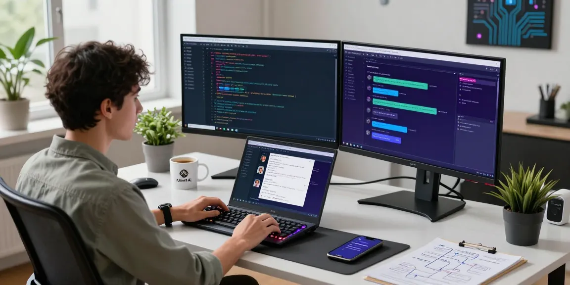 KoboldAI developer working at a modern workspace with dual monitors, showcasing vibrant code and chatbot dialogue.