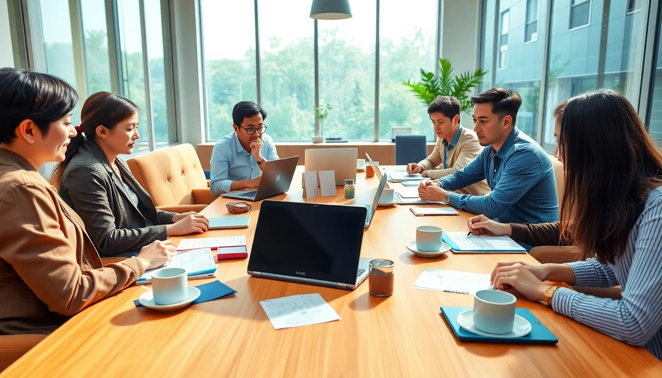 Hire TOEIC test takers collaborating in a bright learning environment around a conference table.