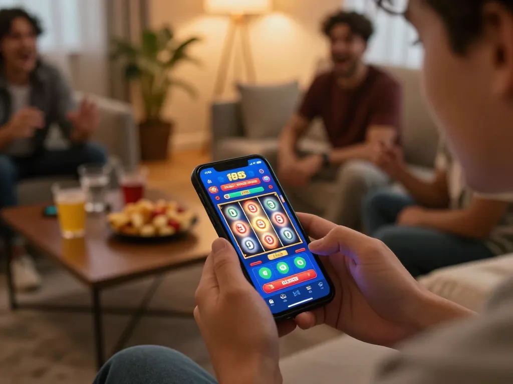 Engaged player enjoying slot88 on smartphone while relaxing at home