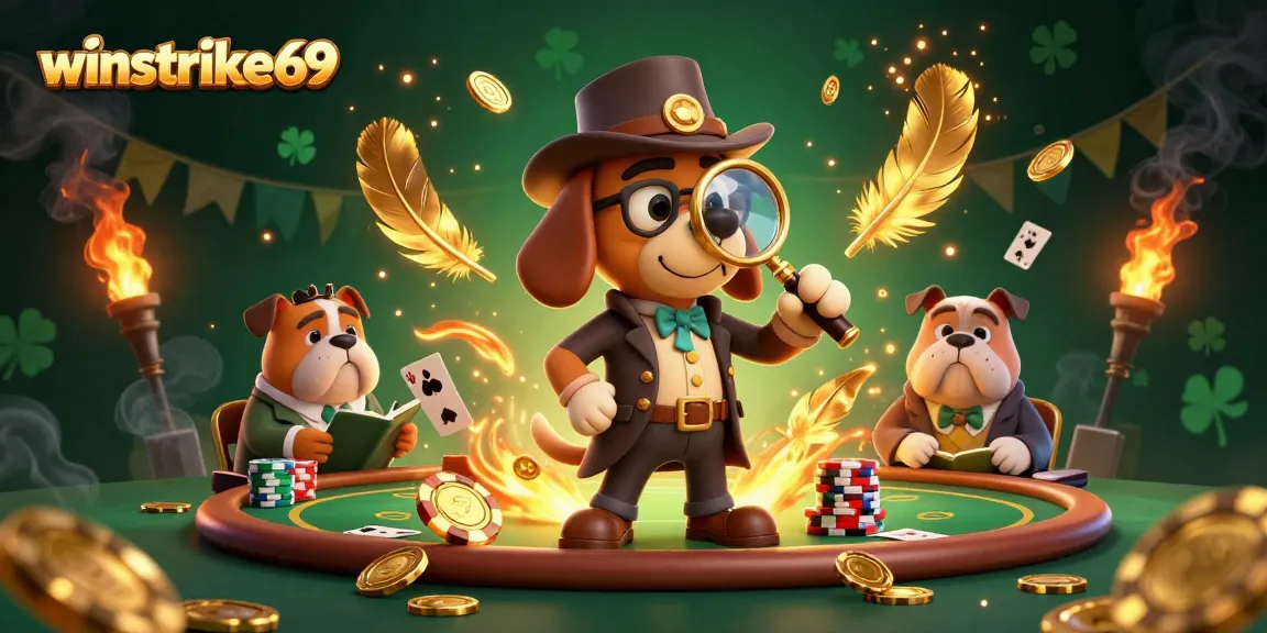 Winstrike69 captures the excitement of poker with a detective and his bulldog companion exploring clues.