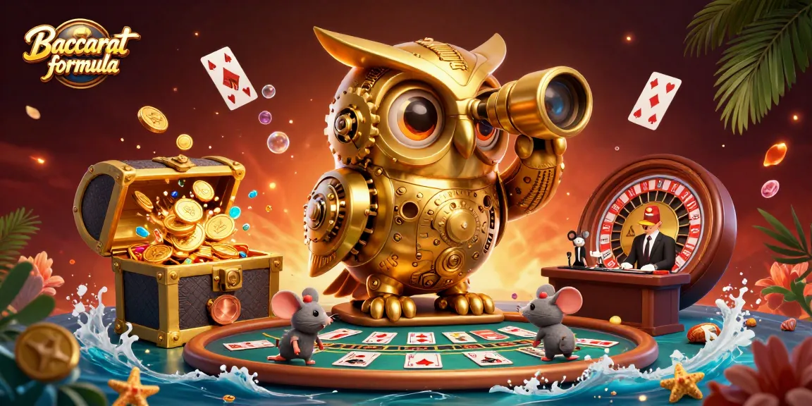 Baccarat formula scene showcasing a clockwork owl and casino elements with gold coins and playing cards