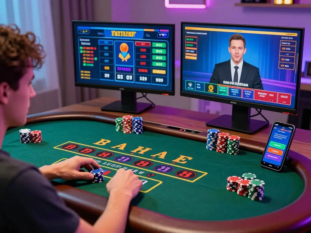 Engaged player enjoying a live baccarat game on an interactive 바카라사이트 platform with colorful chips and multiple screens.