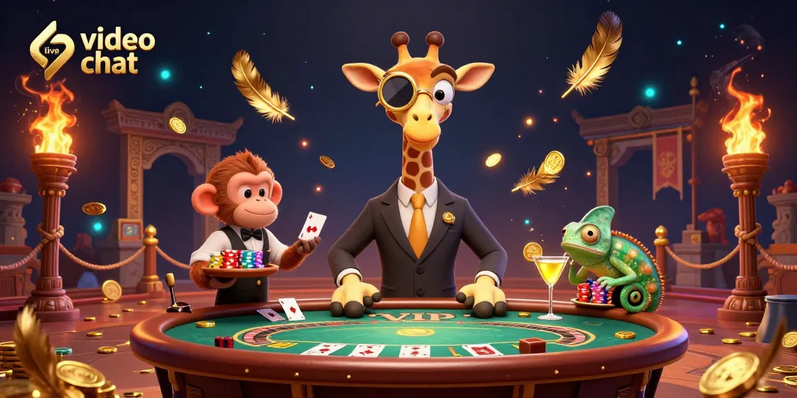 Experience live video chat with fun and interactive characters in a vibrant casino-themed illustration.