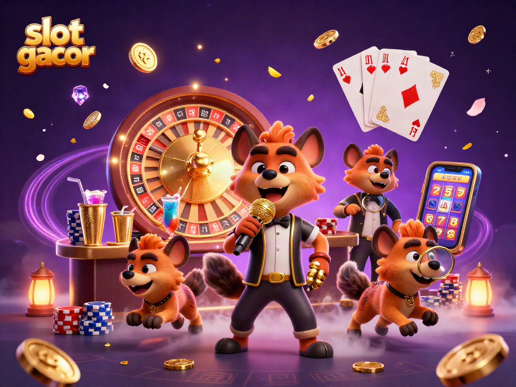 Engaging scene depicting slot gacor-themed hyenas in a colorful casino club with vibrant game elements.