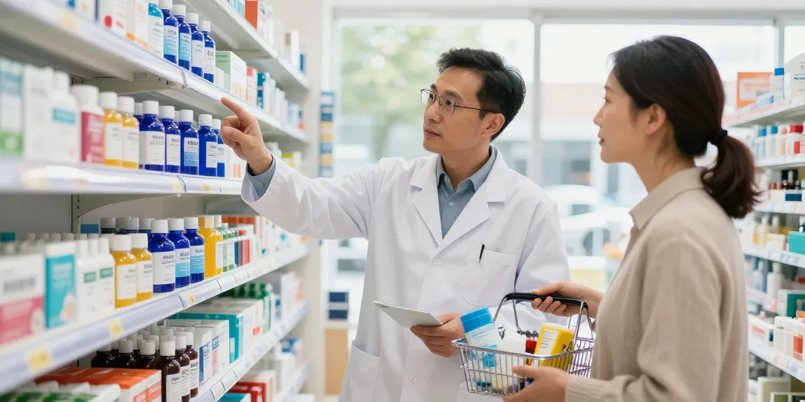 Pharmacist assisting customer in selecting 藍藥水 among various health products in a bright pharmacy.