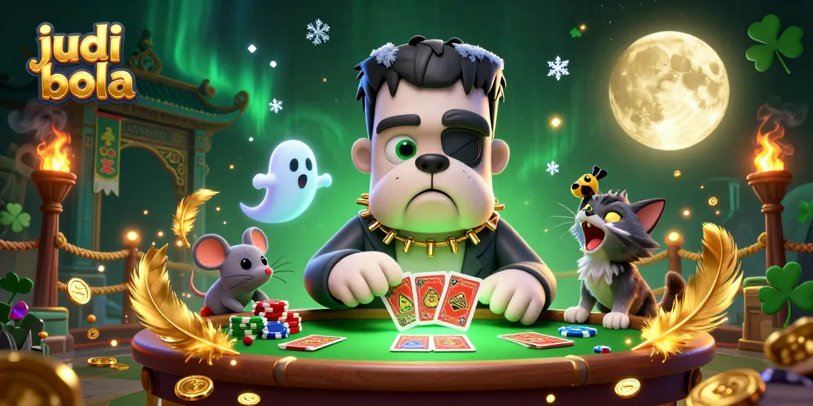 Engage in judi bola action with a vibrant 3D scene featuring a bulldog dealer, ghostly mouse, and a howling kitten.