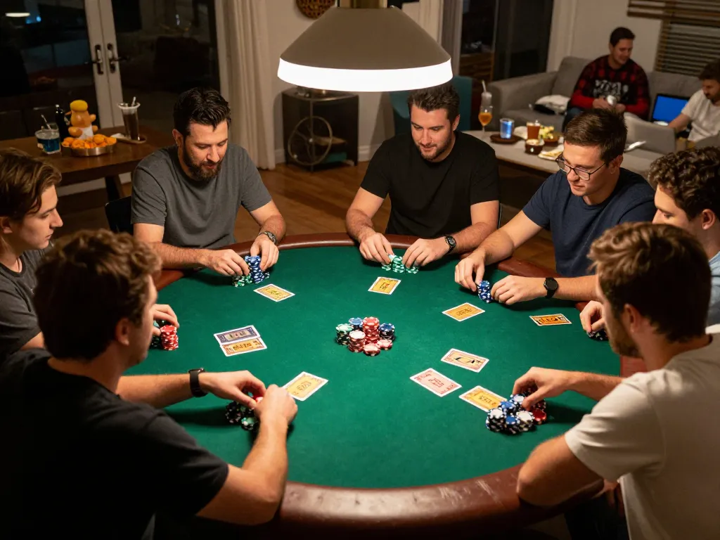 Players engaging in a thrilling poker game at home, showcasing zx88com strategy and camaraderie.