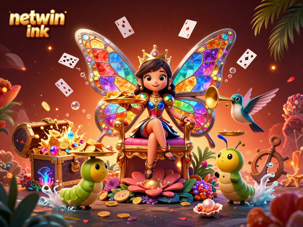 Play exciting games at netwin ink, with vibrant butterfly queen and magical casino elements.