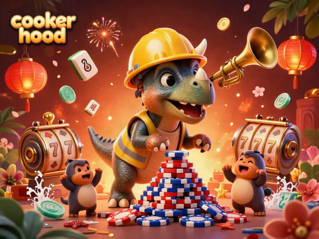 Cooker hood scene with cheerful characters beside slot reels, building poker chips in a vibrant casino atmosphere