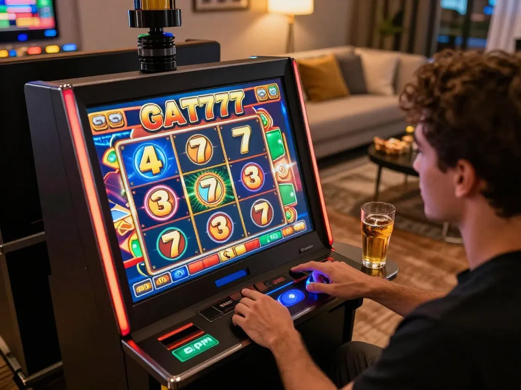 Player enjoying slot gacor 777 at home, showcasing excitement and strategy in online gaming.