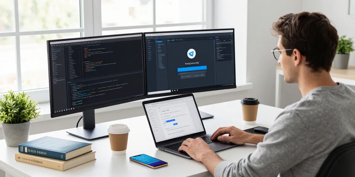 Person coding telegram中文版下载 app features in a modern tech workspace with dual monitors and a laptop.