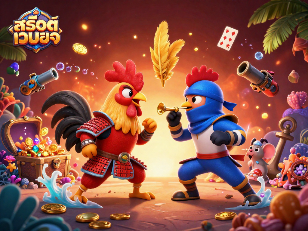 Experience thrilling action with สล็อตเว็บตรง in a dynamic standoff between roosters wearing samurai and ninja gear.
