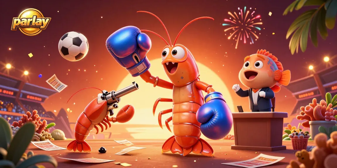 Experience thrilling parlay betting action with cartoon shrimp champions in a vibrant atmosphere.