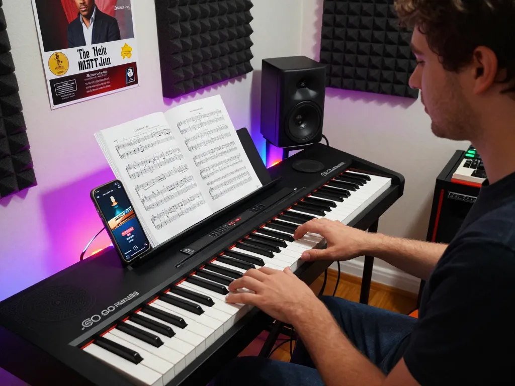 Musician playing go 88 digital piano in vibrant home studio, showcasing passion for music.