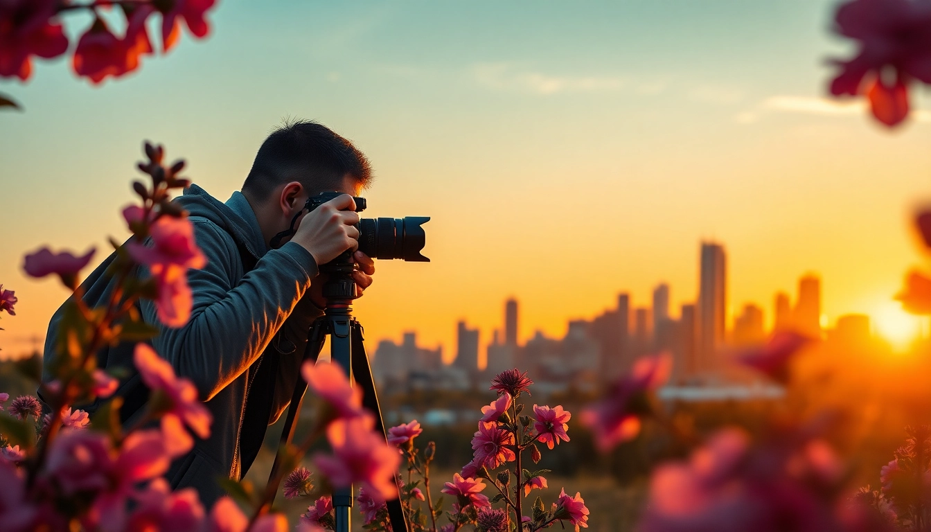 Showcase photography company edmonton with a photographer capturing Edmonton's skyline at sunset.