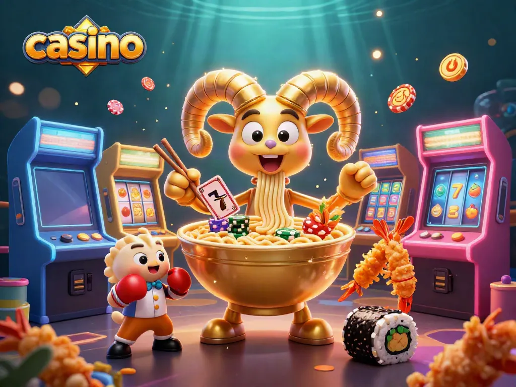 Engaging casino scene featuring a giant ramen bowl dealer, vibrant game elements, and colorful characters.