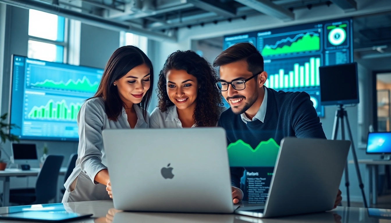 Analyze SEO performance metrics with a professional marketing team in a modern office.