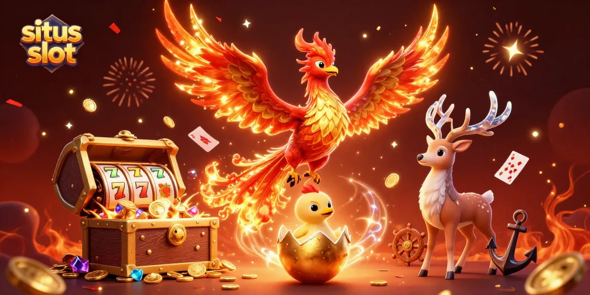 Swing into excitement at situs slot, featuring a fiery phoenix soaring among rich slot games and treasures.