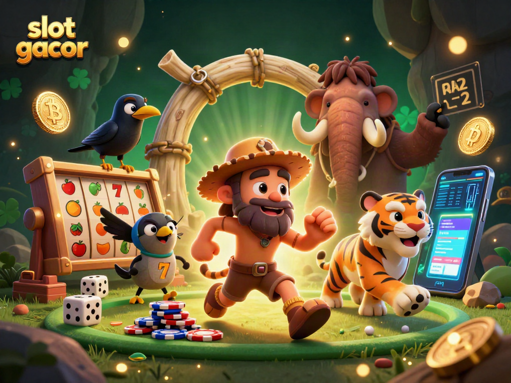 Experience the thrill of slot gacor with our engaging 3D cartoon caveman casino scene filled with vibrant energy and details.