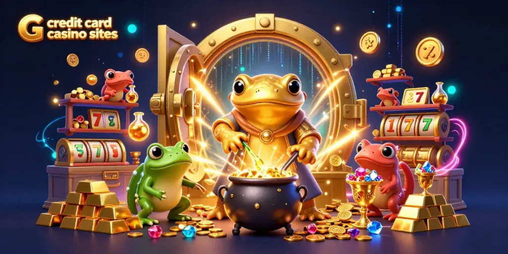 Experience the excitement of credit card casino sites with vibrant gold elements and dynamic game features in a bustling casino scene.