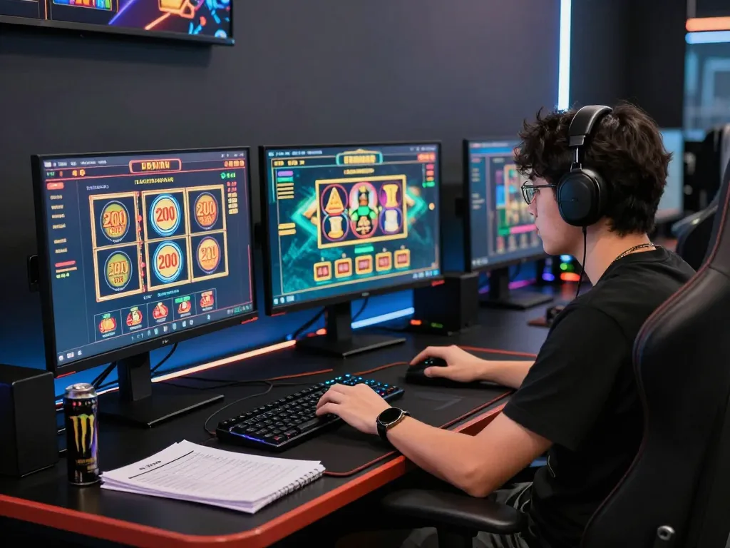 Player engaging in slot bet 200 perak strategy on multiple screens in a modern gaming setup