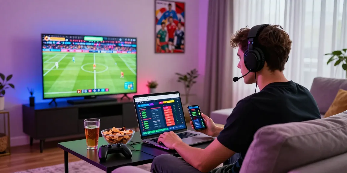 Engaged young man understanding content in online football betting session with live scores and odds displayed.