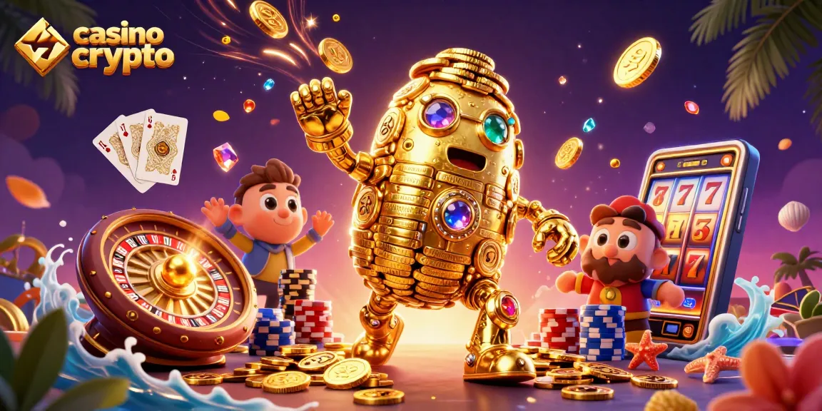 Vinci nel casino crypto con simboli di slot, roulette e monete dorate volanti.