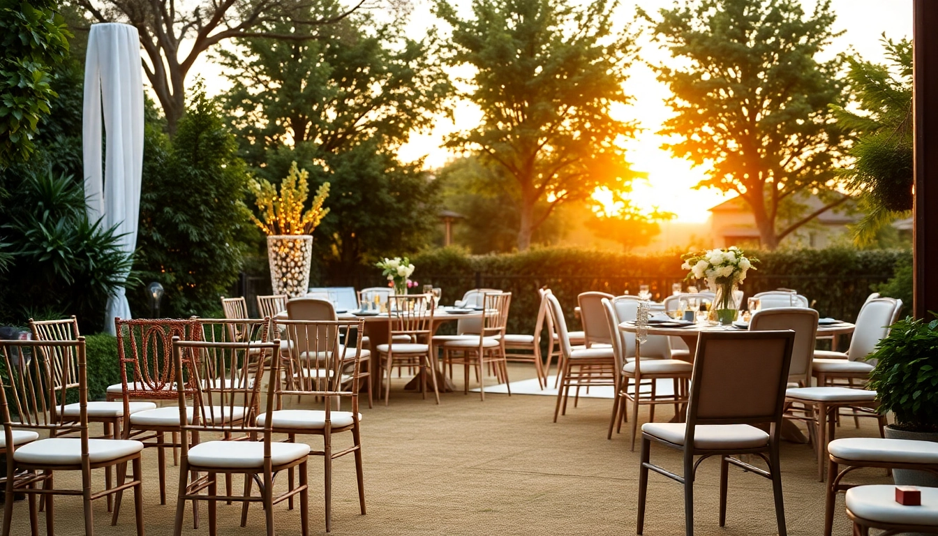 Browse elegant chair rentals that elevate any event in this beautifully designed outdoor setup.