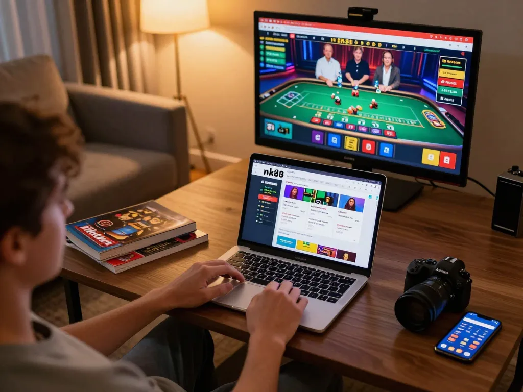 Player engaging in online casino gaming on nk88 platform at home, showcasing a laptop and mobile betting