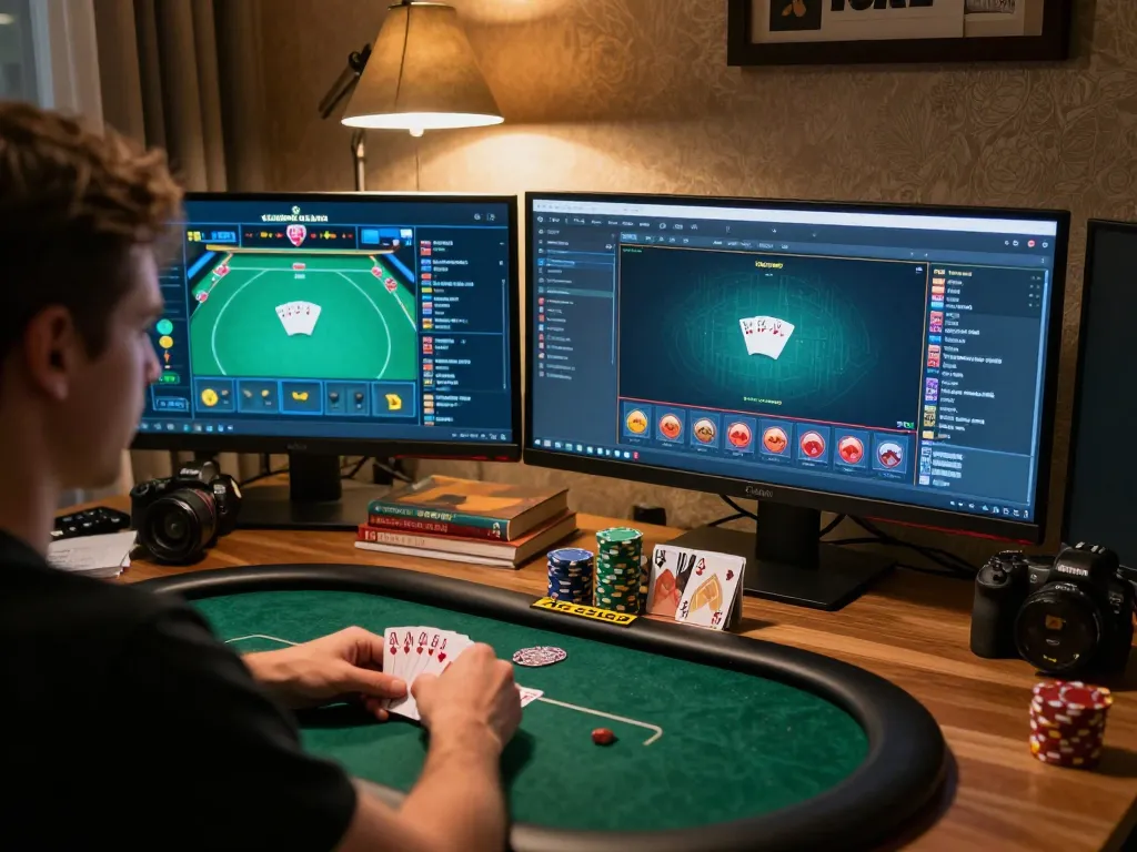 Player strategizing in poker game on sunwinapk app, cozy home setting with organized workspace.