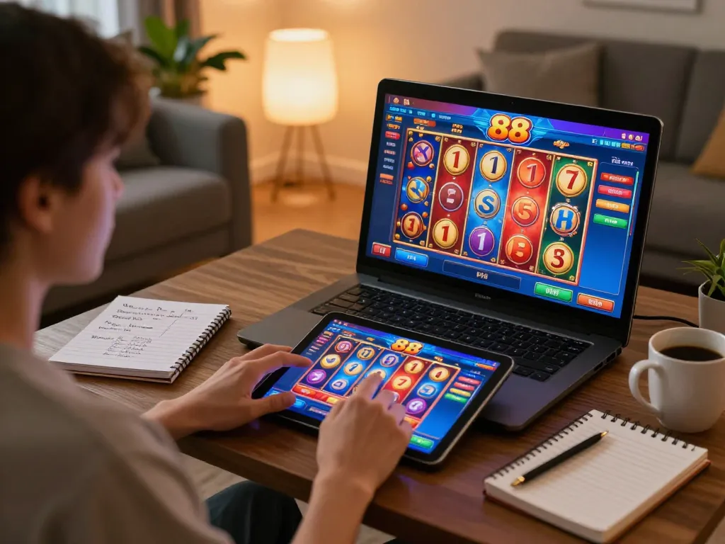 Engaging in a slot88 game on a tablet in a cozy living room environment