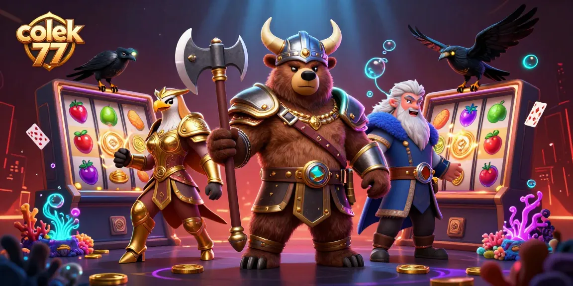 Engage with colek 77 in this vibrant casino scene featuring Viking bear and Valkyrie.