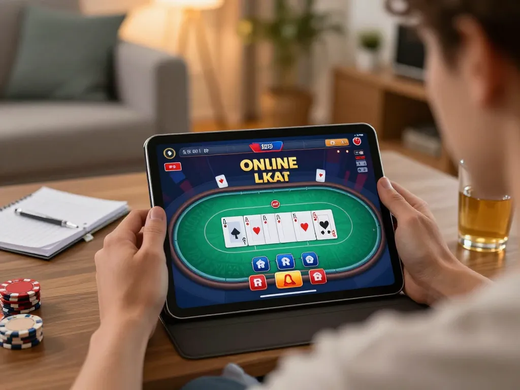 Engaging in casino online stranieri sicuri by playing poker on a tablet at home, focused strategy and cozy atmosphere.