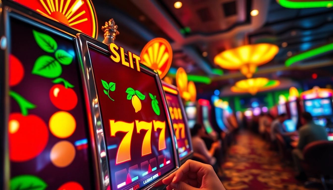 Enjoying a game at a Slot 777 machine surrounded by colorful casino lights.