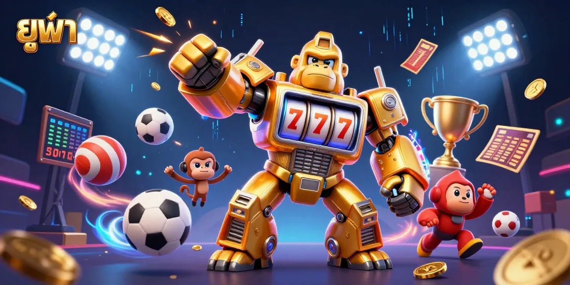 Experience action and excitement with ยูฟ่า as the golden gorilla mech dominates the scene, showcasing slot machine features.