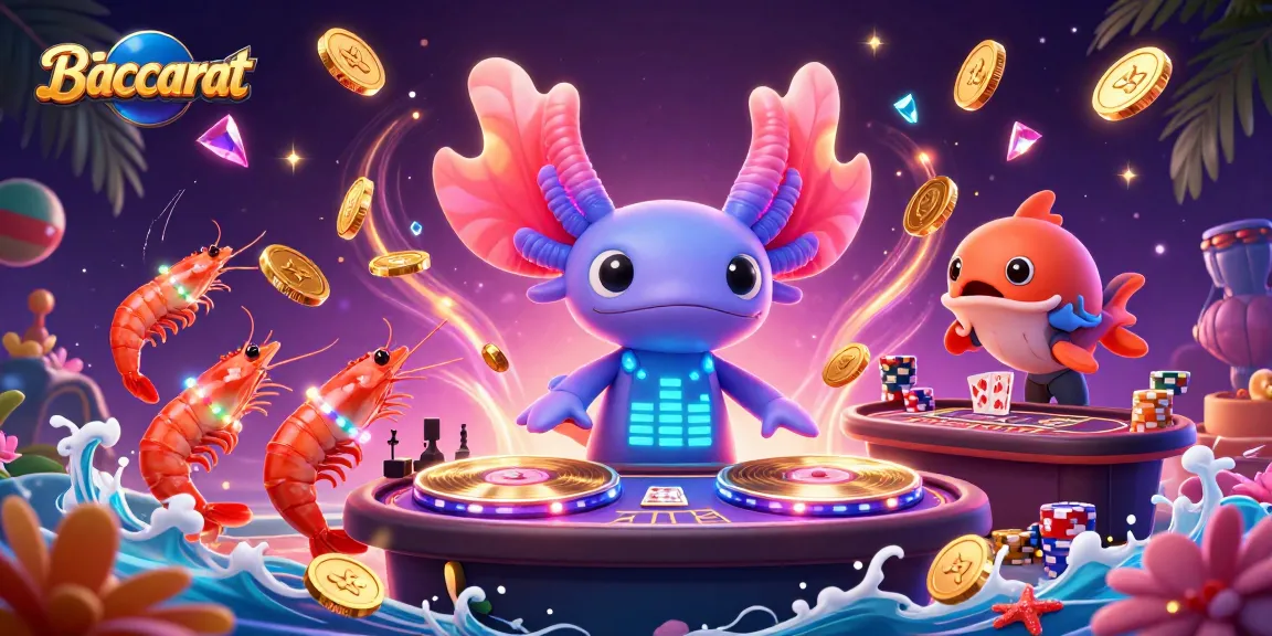 Baccarat game scene featuring a neon axolotl DJ and vibrant casino elements.