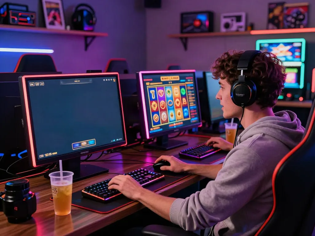 Pengguna slot777 bermain game mesin slot dengan fokus di ruang gaming modern yang cerah.