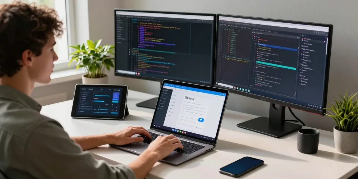 Workspace with young professional using telegram中文版下载 app on laptop and monitors.