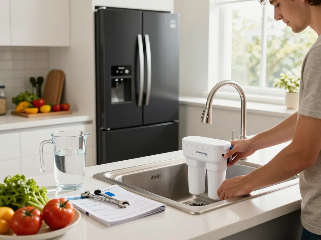 Homeowner installing the Waterdrop Plus LT1000PC ADQ747935 NSF 401 Refrigerator Water Filter and Air Filter in a bright kitchen.