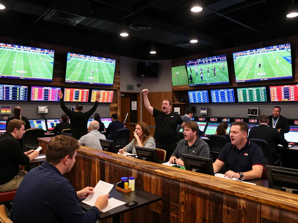 Engaged bettors analyzing Phong Độ Đội Bóng odds at a vibrant sportsbook during a live match.