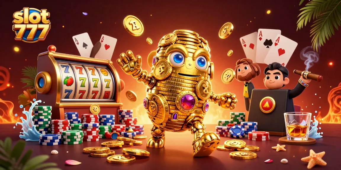 Permainan slot 777 yang mendebarkan dengan simbol berkilau dan karakter golem emas di kasino virtual.