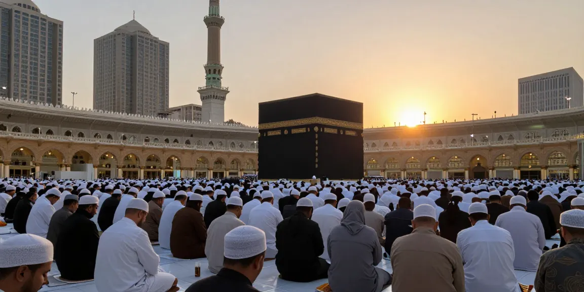 Umroh Itikaf gathering at the Grand Mosque, divine travel experience, inspirational pilgrimage.