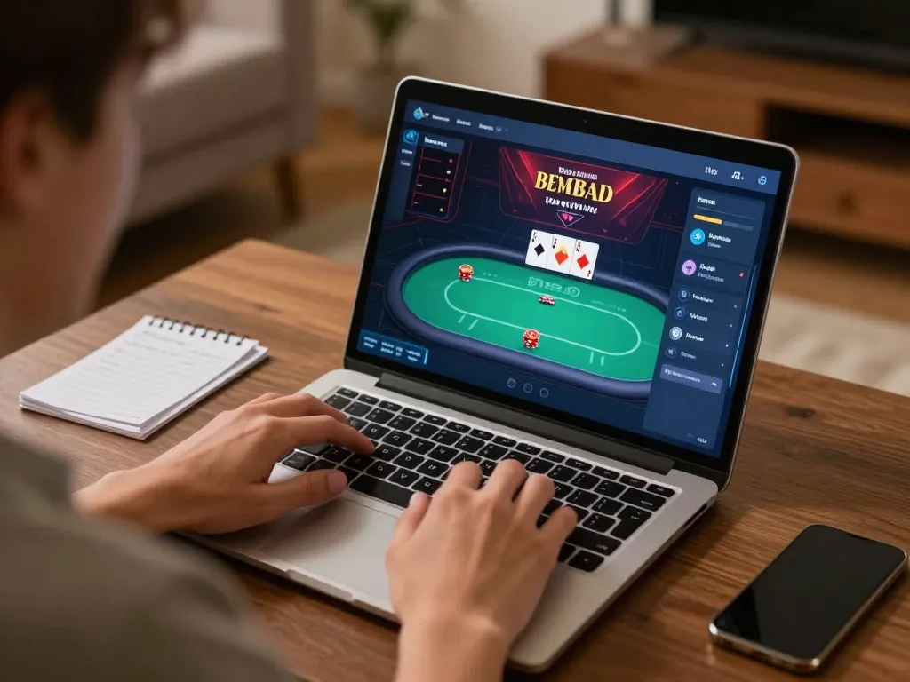 Playing casino online americani on a laptop in a cozy home setting, showcasing strategic gameplay.