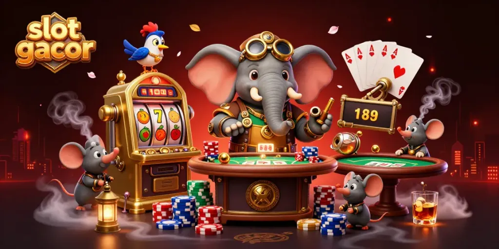 Slot gacor menampilkan karakter gajah steampunk dan mesin slot dalam aksi bermain