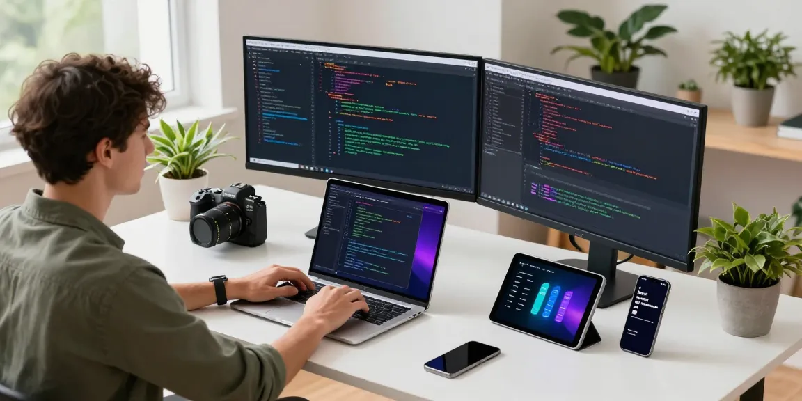Developer coding on multiple screens, showcasing 纸飞机中文版 in a bright tech workspace.