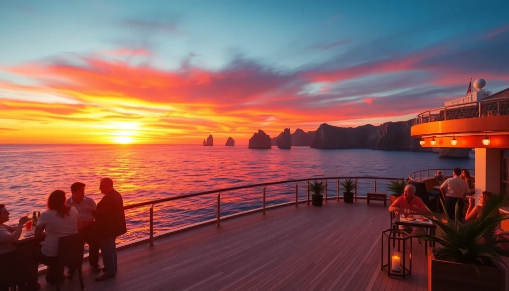 Experience Cabo sunset cruise deals with a breathtaking view of a vibrant sunset on a luxury cruise.